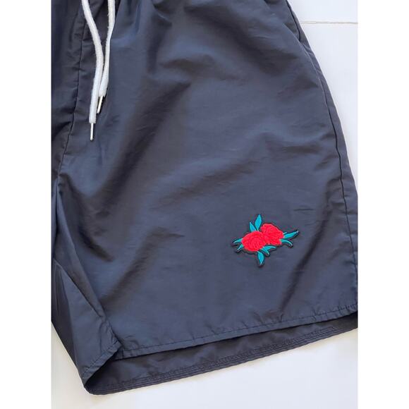 Romwe Shorts Black Drawstring Polyester Embroidered Rose Patch Large - Picture 3 of 8